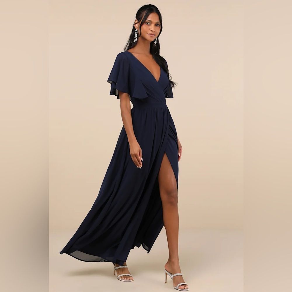 Lulus Convincing Grace Navy Blue Flutter Sleeve Wrap Maxi Dress